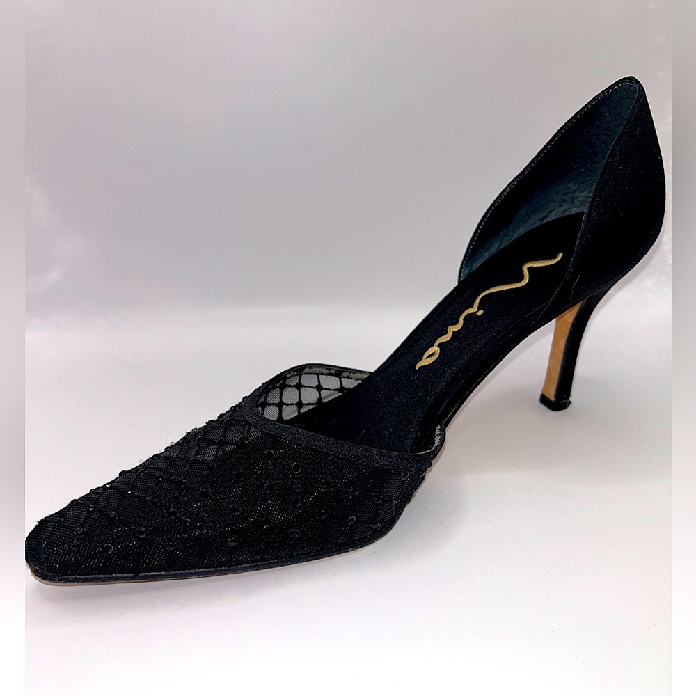 Nina Satin D'orsay Black Beaded Heel | Size 8